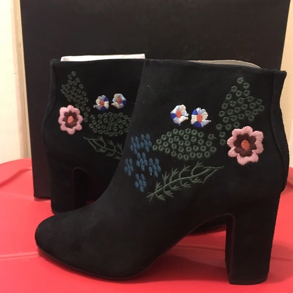 Nanette Lepore Black Suede Embroidered Floral Ankle Boots
